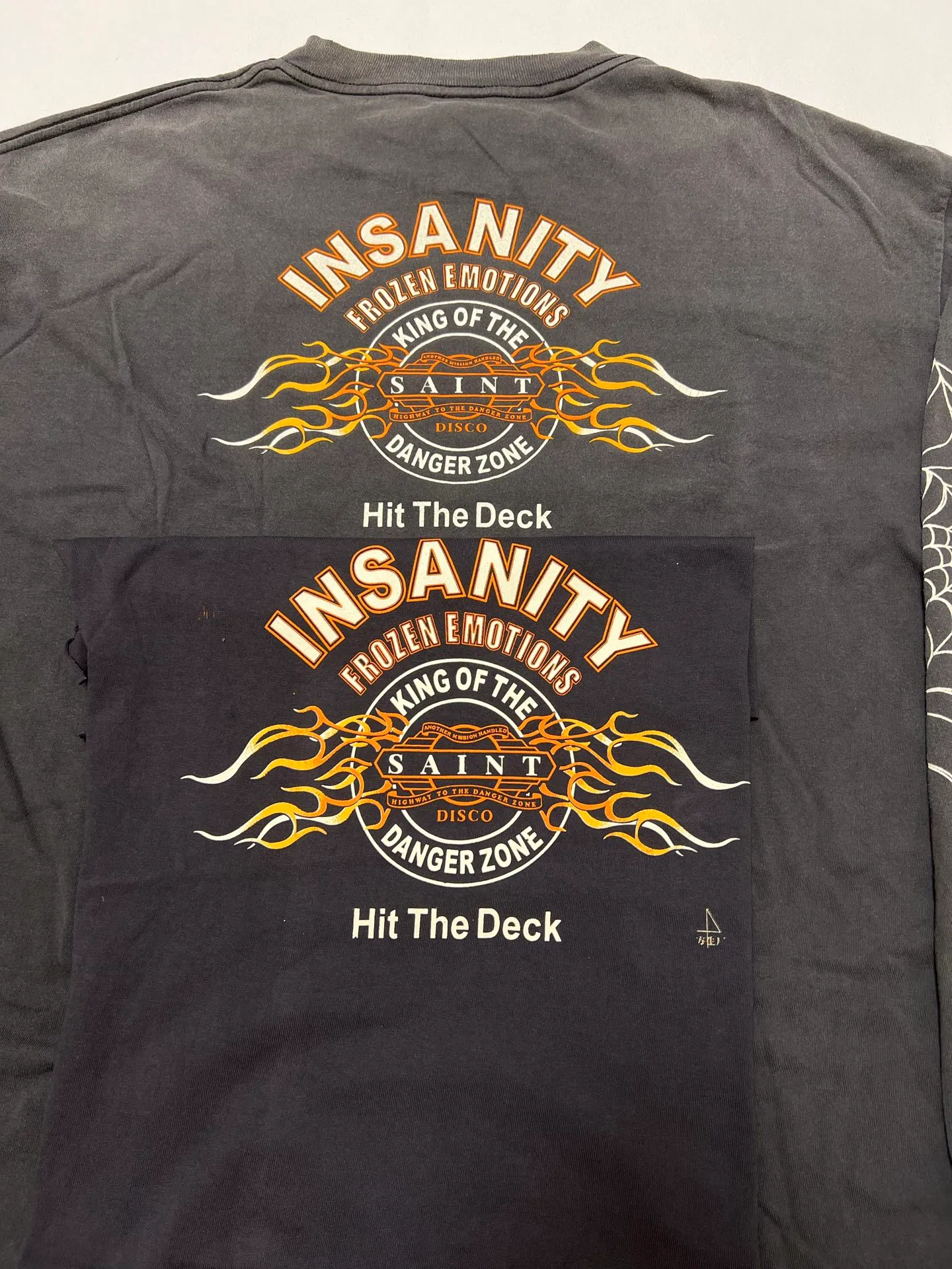 Authentic level printing technology SAINT Mxxxxxx × TEFLON DISCO ML_LS TEE/INSANITY/BLK Spider web INSANITY distressed long sleeves washed black S-XL